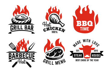 BBQ emblem on fire set for menu and cafe