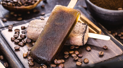 gourmet coffee popsicle with chocolate. Gluten-free ice cream made with cocoa, cinnamon and coffee
