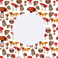 Mushrooms, autumn, forest. Seamless patern. Hand drawn watercolor illustration. Wildlife, leaves, acorns. Print, textiles, menus, food.