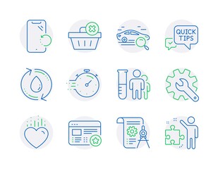 Business icons set. Included icon as Delete order, Quick tips, Timer signs. Divider document, Heart, Medical analyzes symbols. Search car, Smartphone recovery, Customisation. Refill water. Vector