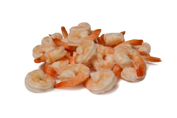 Frozen raw peeled shrimps on a white plate. Isolate. Side view. Copyspace