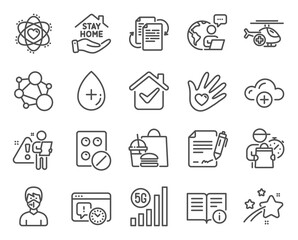 Science icons set. Included icon as 5g wifi, Cloud computing, Integrity signs. Medical helicopter, Oil serum, Signing document symbols. Social responsibility, Medical mask, Atom. Stay home. Vector