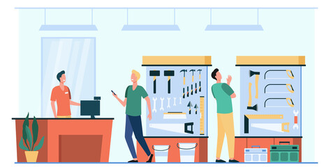 Happy men choosing and buying hardware isolated flat vector illustration. Cartoon characters looking at repair instrument on shelf in shop. Tool store interior and pollution concept