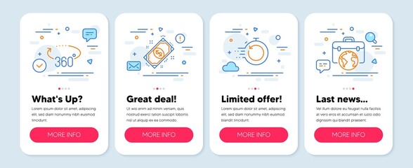 Set of line icons, such as Payment, 360 degrees, Fast recovery symbols. Mobile app mockup banners. Businessman case line icons. Finance, Full rotation, Backup timer. Outsourcing business. Vector