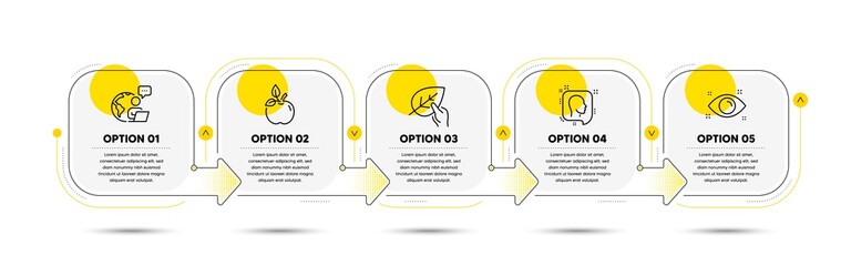 Eco food, Head and Organic tested line icons set. Timeline process flowchart. Health eye sign. Organic tested, Profile messages, Paraben. Optometry. Healthcare set. Vector