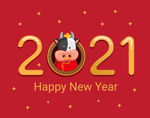 Fototapeta na wymiar 2021 happy new year with chinese zodiac metal cow character concept in cartoon illustration vector