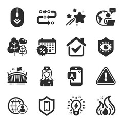 Set of Business icons, such as Smartphone protection, Ab testing, Tree symbols. Scroll down, International recruitment, Methodology signs. Inspiration, Eye protection, Fire energy. Arena. Vector