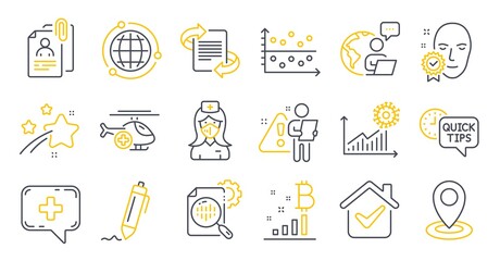 Fototapeta na wymiar Set of Science icons, such as Bitcoin graph, Seo stats, Dot plot symbols. Medical helicopter, Face verified, Globe signs. Medical chat, Interview documents, Signature. Marketing, Location. Vector