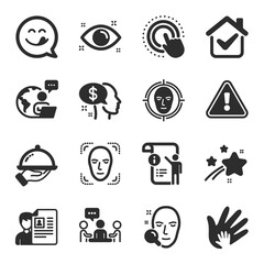 Set of People icons, such as Social responsibility, Face search, Face detect symbols. People chatting, Yummy smile, Manual doc signs. Click hand, Restaurant food, Pay. Health eye. Vector