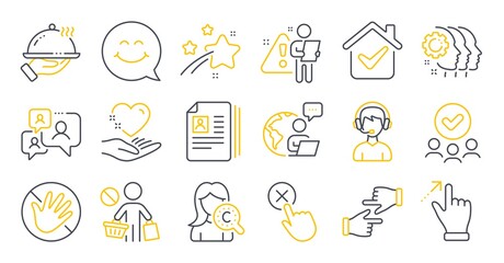 Set of People icons, such as Stop shopping, Click hands, Support chat symbols. Smile face, Cv documents, Consultant signs. Hold heart, Collagen skin, Touchscreen gesture. Do not touch. Vector