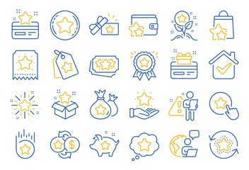 Loyalty program line icons. Bonus card, Redeem gift and discount coupon signs. Lottery ticket, Earn reward and winner gift icons. Shopping bag, loyalty card and lottery present. Line icon set. Vector