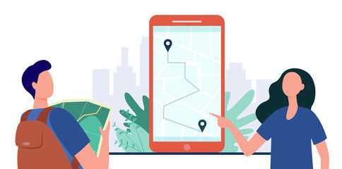 Young people using paper and online map. Location, destination, itinerary flat vector illustration. Navigator, mobile app, guide concept for banner, website design or landing web page