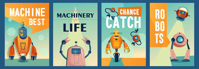 Robotic characters posters set. Robots, cyborgs, electronic assistants vector illustrations with text. Robotics and machinery concept for flyers and brochures design