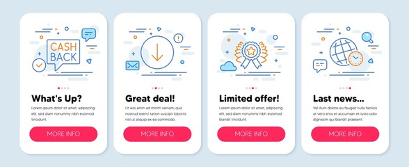 Naklejka premium Set of Business icons, such as Money transfer, Scroll down, Winner ribbon symbols. Mobile screen app banners. Time zone line icons. Cashback message, Swipe arrow, Best award. World clock. Vector