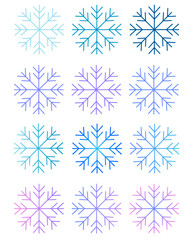 Isolated vector set of snowflakes. Blue, purple, and gradient. Vector snowflakes on a white background. Happy New year and Merry Christmas!