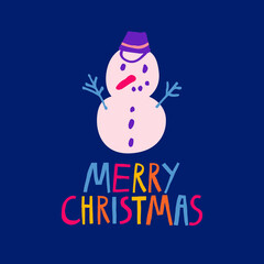 Cute hand drawn snowman and merry christmas phrase on blue background. Funny winter character and multicolored lettering. Trendy print design for greeting card, postcard. Modern vector illustration