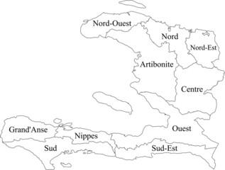 White vector map of Haiti with black borders and names of it's departments