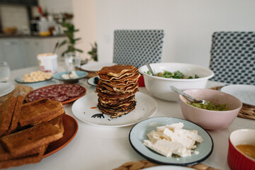 delicious cozy breakfast and pancakes