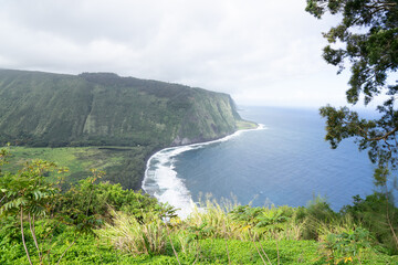 Waipio valley with coast and cliffs - Hawaii island, Hawaii, USA - 398090536