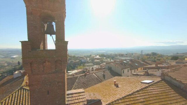 Exterior Detail Of Santa Croce Church Tower In Sinalunga, Tuscany - aerial drone
