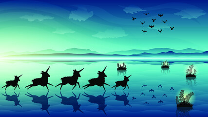 Abstract Dark Sky Background Vector Silhouette With Mountains Clouds Birds Plants Unicorns Design Style
