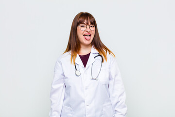 plus size woman with cheerful, carefree, rebellious attitude, joking and sticking tongue out,...