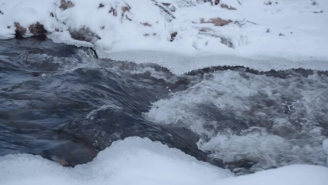 Mountain river and winter forest with snowy trees . Slow Motion