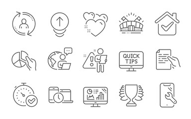 Fototapeta na wymiar Analytics graph, Heart and Smartphone repair line icons set. Web tutorials, Swipe up and Hold document signs. Fast verification , Sports arena and Winner symbols. Line icons set. Vector