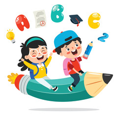 Funny Kid Flying On Colorful Pencil
