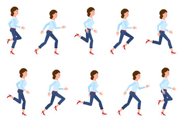 Fototapeta na wymiar Young, adult woman wearing jeans running sequence poses vector illustration set. Fast moving forward, hurry, rush female person cartoon character on white