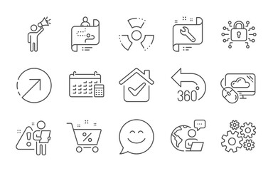 Direction, Journey path and Brand ambassador line icons set. Chemical hazard, 360 degrees and Smile chat signs. Security lock, Calendar and Loan percent symbols. Line icons set. Vector