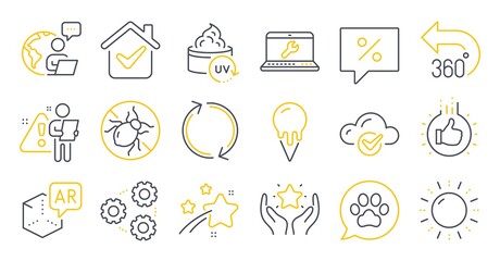Fototapeta premium Set of Business icons, such as Bed bugs, Cloud computing, Sun energy symbols. Like hand, Refresh, 360 degrees signs. Ice cream, Ranking, Uv protection. Augmented reality, Laptop repair. Vector