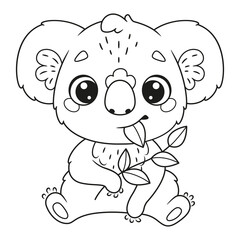 Cute koala eating leaves coloring page. Vector cartoon illustration © platinka
