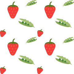 Seamless background pattern with red strawberry and green peas on the white color.