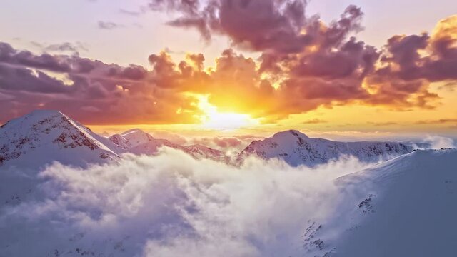 Flying Through Clouds Above Mountain Tops Paradise Heaven Eternity Creation Mountain Range Winter Snow Cold Sunset Sunrise Golden Hour High Peaks Wonderful Inspiring Natural Landscape 4K