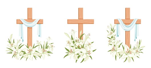 Cross with lilies. Religious  Easter Symbol. Colorful set of crosses with lilies and shroud. Easter Sunday poster design element, card, greetings. Isolated. Vector illustration - 398094395