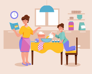 Mother and daughter cooking cake together in the kitchen. Vector illustration