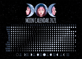 Moon calendar, 2021 year, lunar phases, cycles. Design illustrated with Triple Goddess symbol: Maiden, Mother and Crone. Vector illustration