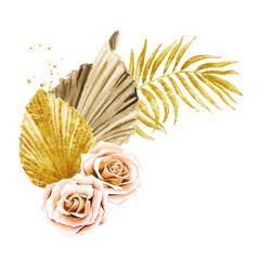 Boho composition with dried rose flowers and palm leaves, Hand drawn watercolor illustration isolated on white background