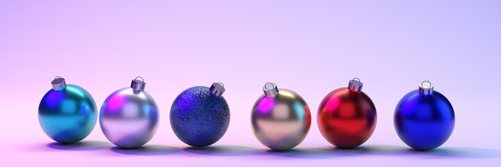 Multi-colored Christmas balls on a colored background. New year's design. 3D visualization