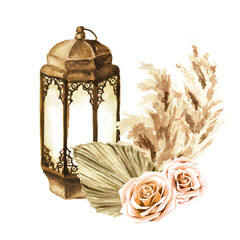 Old Lantern with Dried rose flowers, pampas grass and palm leaves frame