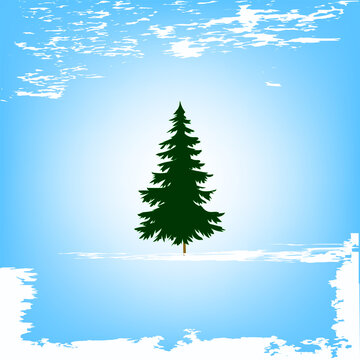 Winter sunny day, spruce, snow, clouds in grunge style - vector.