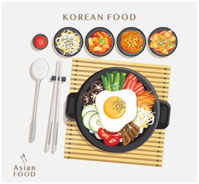 Korean cuisine Bibimbap set, Rice mixing with various ingredients in black bowl top view vector illustration