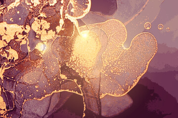 Bright violet and gold marble pattern. Alcohol ink technique stone texture. Abstract vector background. Modern paint with glitter. Banner, poster design template.