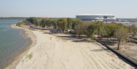  Construction of a new beach for the 2018 FIFA World Cup.New stadium is visible
