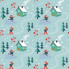 Seamless vector pattern with  winter illustration. Blue background. Christmas or new year pattern. Wrapping paper for kids. Textile. Texture.
