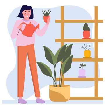 Young Girl At Home Watering Houseplants, Gardening Hobby, Breeding Flowers At Home, Hobby. Vector Flat Illustration