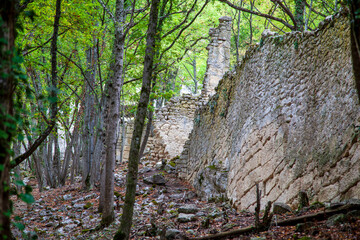 Russia.  Bakhchisaray, Crimea. Residential caves inside ancient city Chufut Kale,These artificial 'buildings' used by ancients for living, food storage, animal sheds