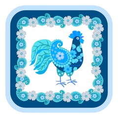 Turquoise blue vector rooster with wings in shape of paisley and decorative floral frame in Russian gzhel style. Print for napkin, handkerchief, pillowcase, ceramic tile. Beautiful collection.