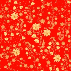 Beautiful seamless pattern with  lovely golden yellow flowers on a red background. Folklore motives. Russian style. Print for fabric, wallpaper.